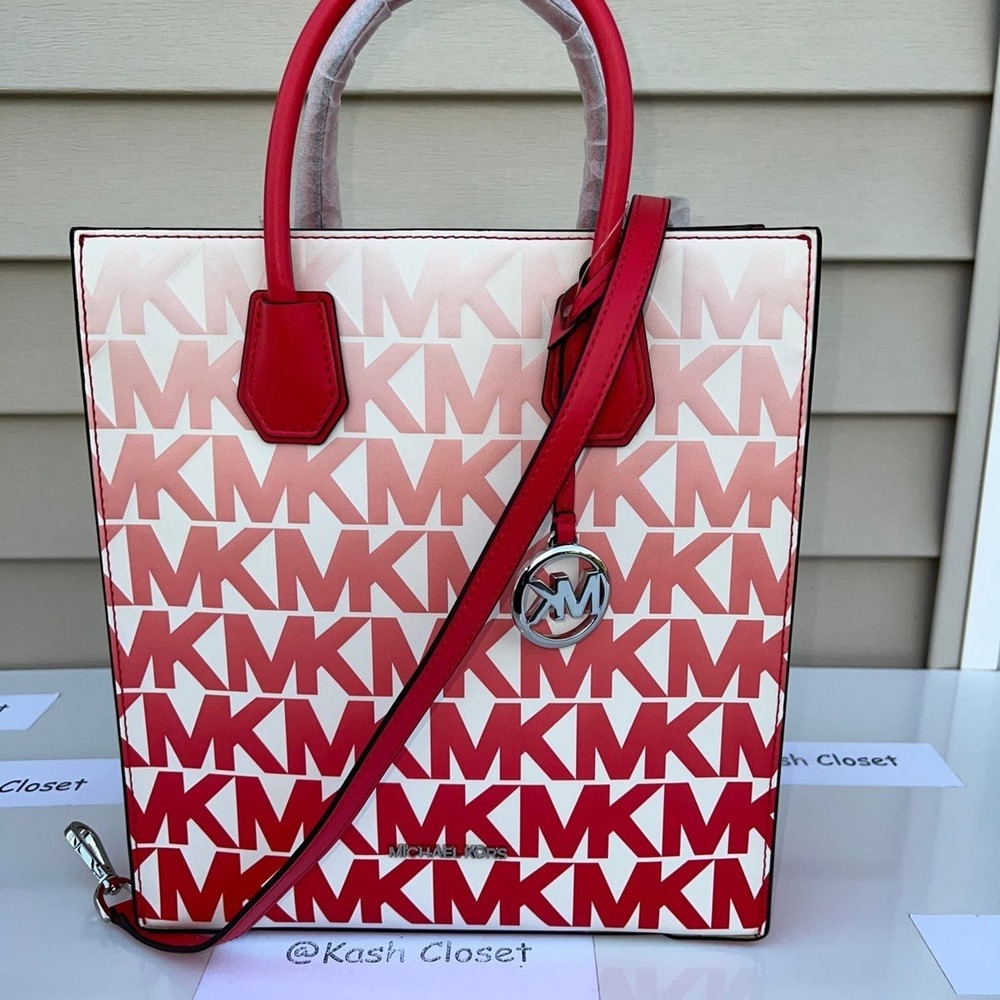 Michael Kors Mercer Medium Graphic Ombre Print Leather Shopper Tote Bag Coral